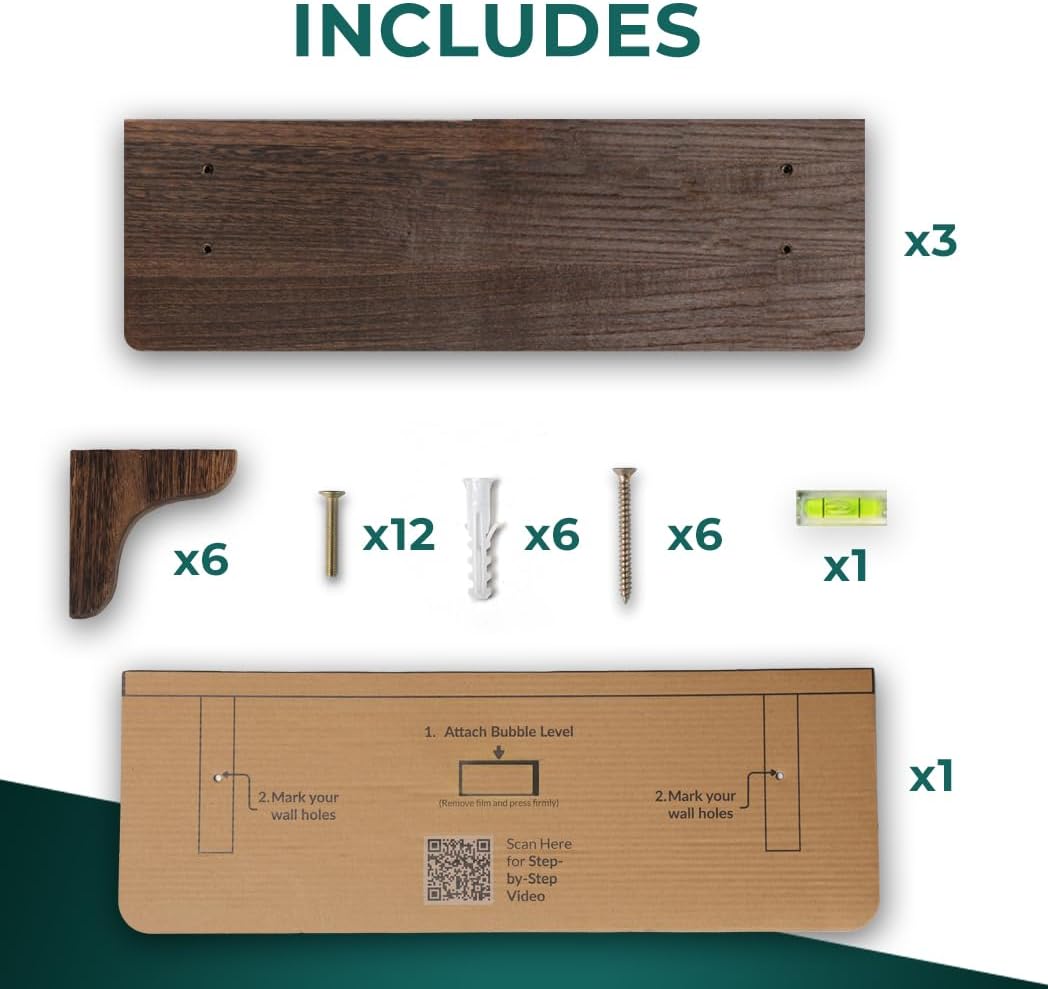 Real Wood Wall Mounted Shelving Rustic Wood Shelves with Brackets - 17 inch (3 Pack) - Easy to Install, Template and Video Included - Wide Brown Shelves for Wall